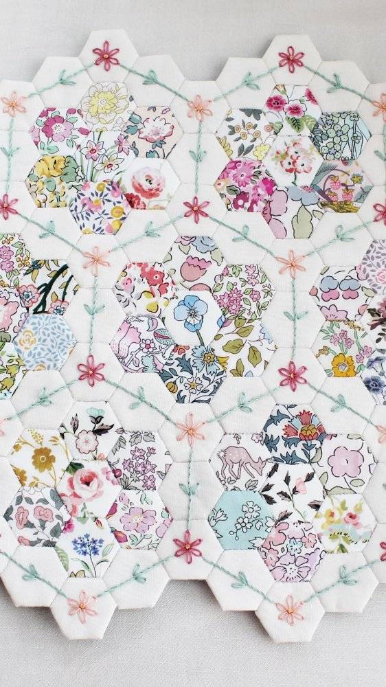 English Paper Piecing Hexagon Quilt with Embroidery Accents