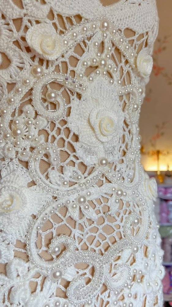 Exquisite Beaded Crochet Wedding Gown