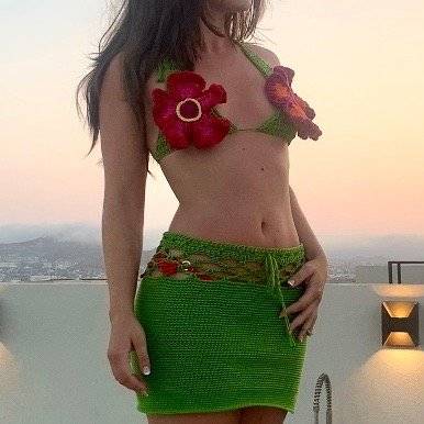 Floral Appliqué Crochet Bikini Top and Skirt Set