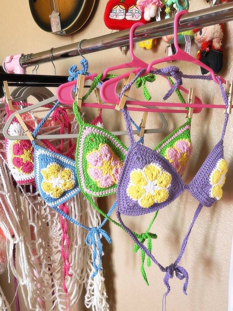 Floral Granny Square Crochet Bikini Tops