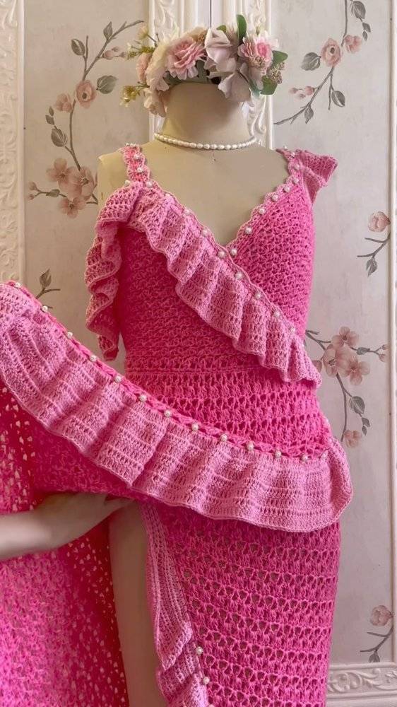 Glamorous Pink Crochet Ruffle Dress with Pearl Accents