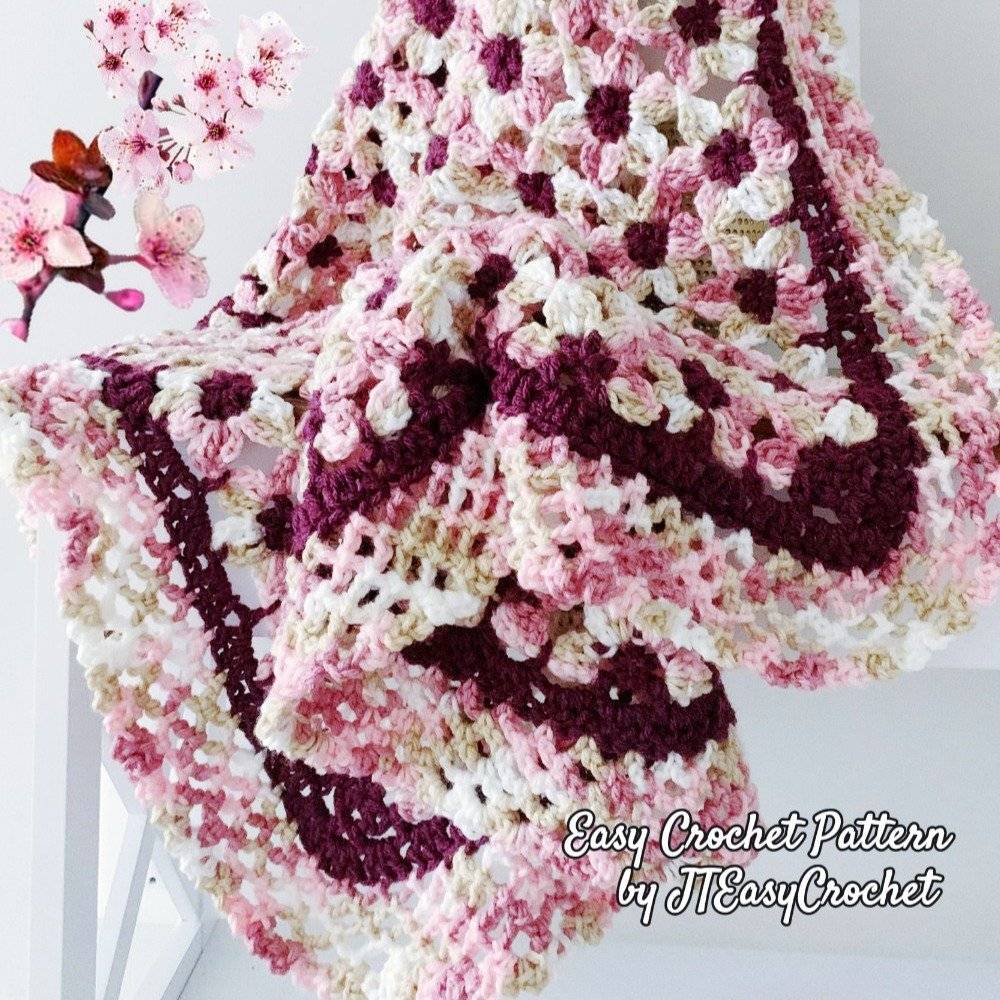 Granny Square Cherry Blossom Crochet Blanket
