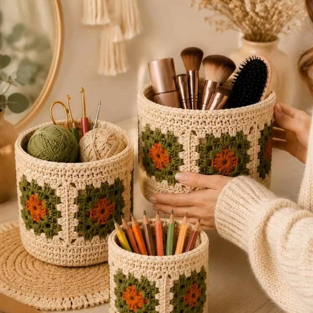 Granny Square Crochet Storage Baskets