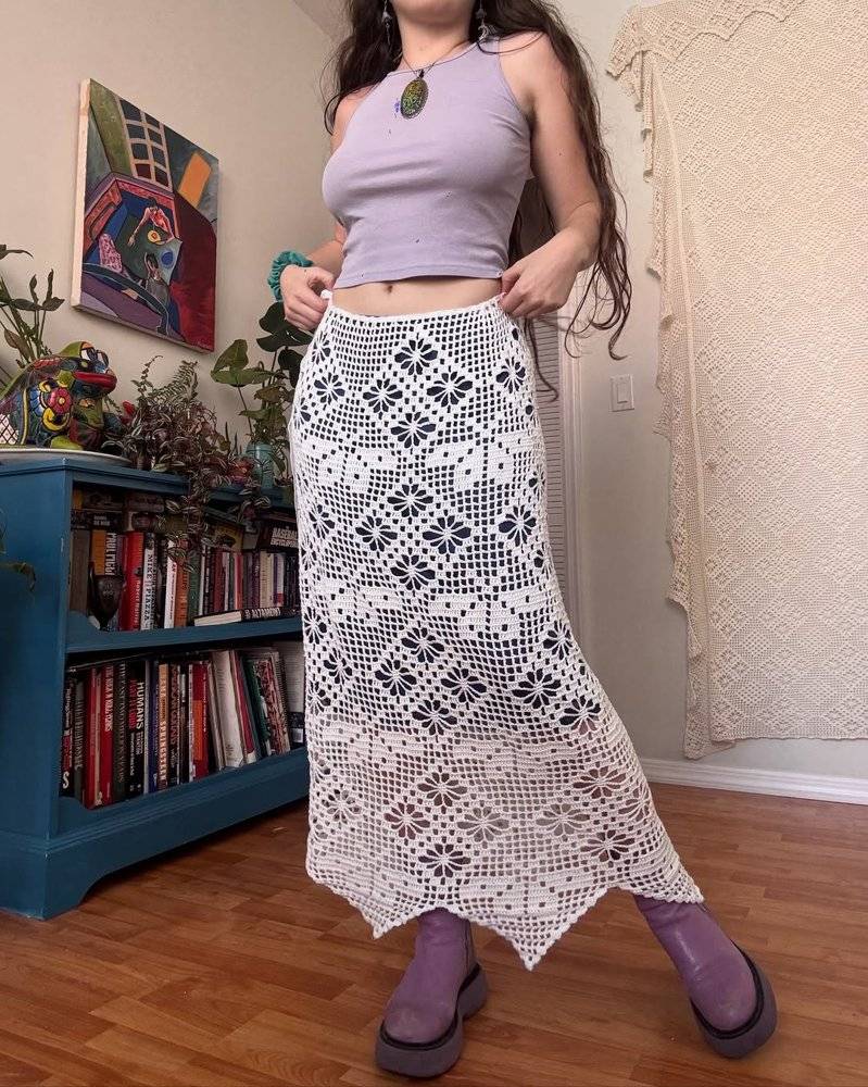 Intricate Floral Square Crochet Maxi Skirt