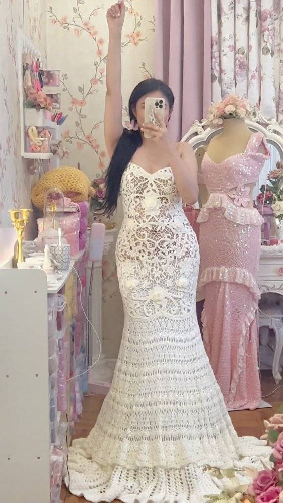 Intricate White Crochet Wedding Dress