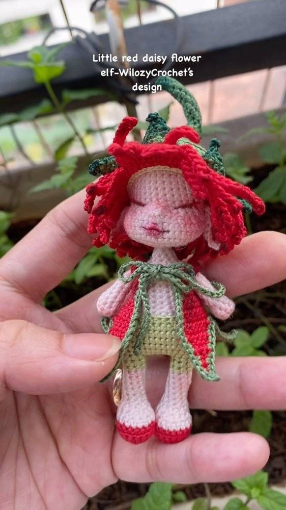 Little Red Daisy Flower Fairy Crochet Doll