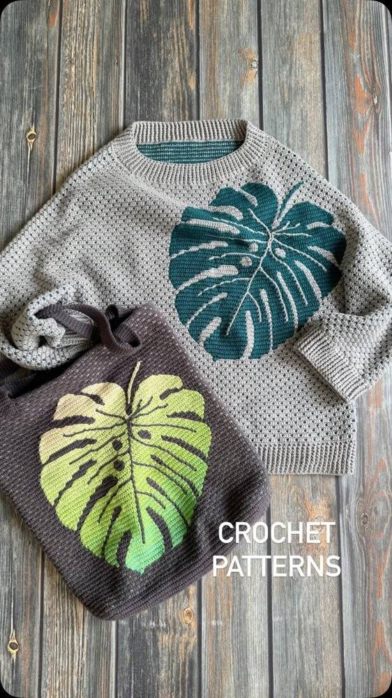 Monstera Leaf Crochet Sweater and Tote Bag Set