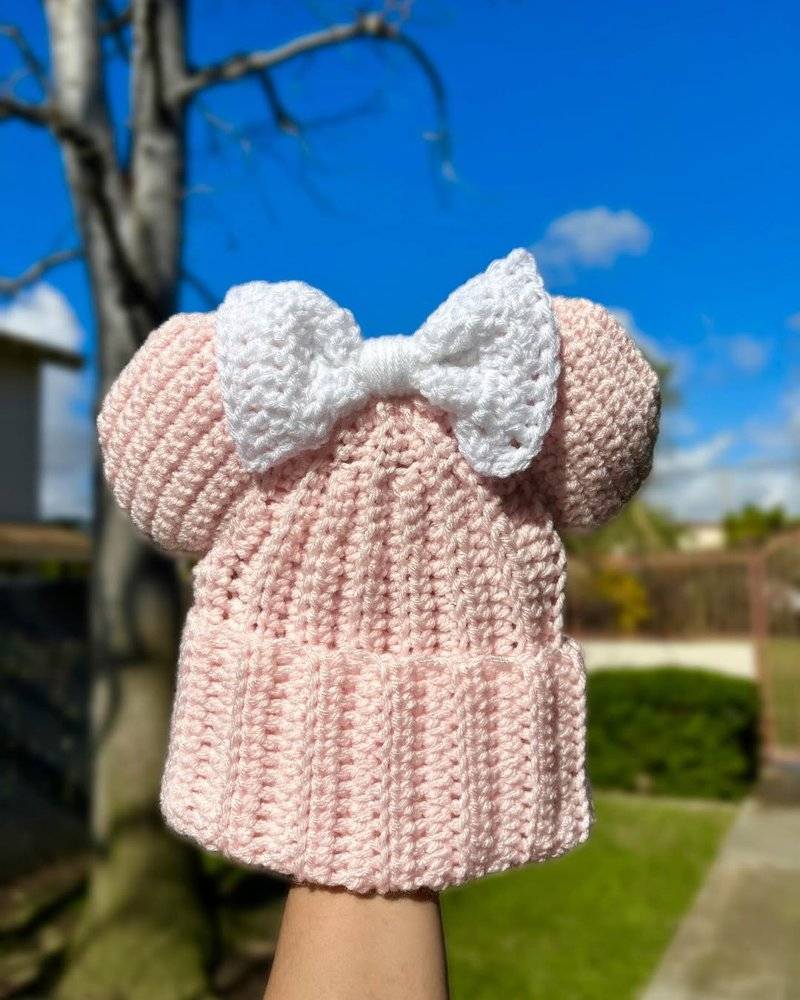 Pink Crochet Mickey Mouse Ears Hat with Bow