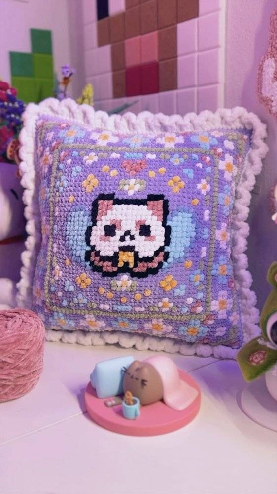 Pixel Art Panda Crochet Pillow Cover