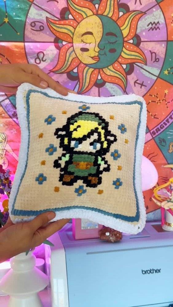 Pixelated Character Crochet Pillow Cover