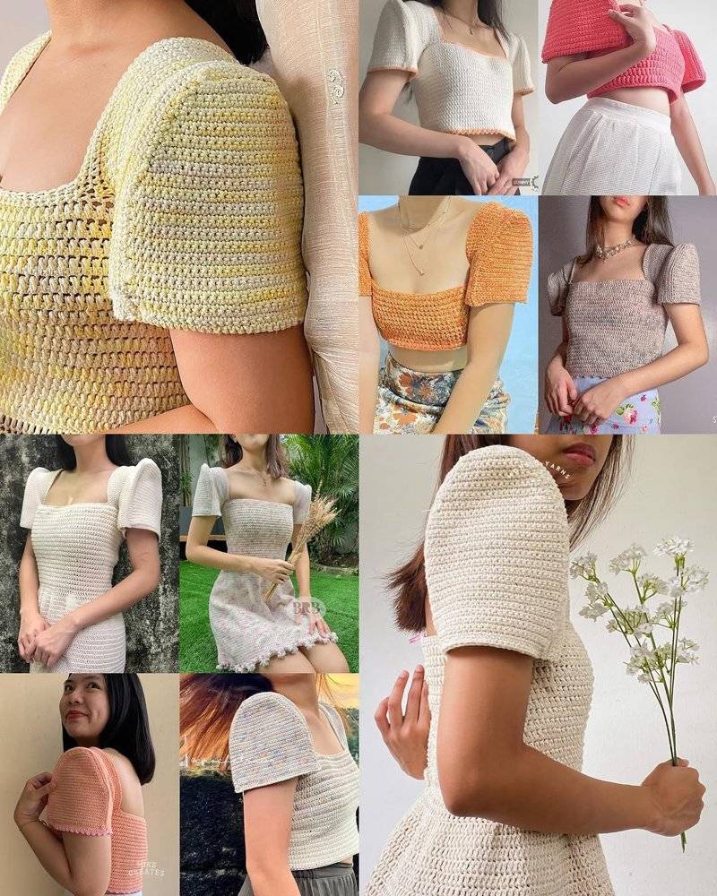 Puff Sleeve Square Neck Crochet Tops and Dresses