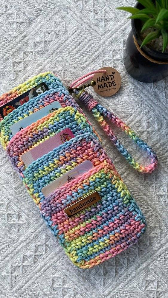 Rainbow Crochet Card Holder with Wrist Strap