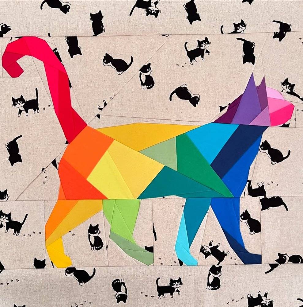 Rainbow Geometric Cat Paper Piecing Quilt Block