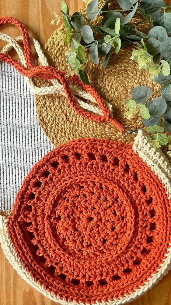 Round Crochet Bag with Braided Handles