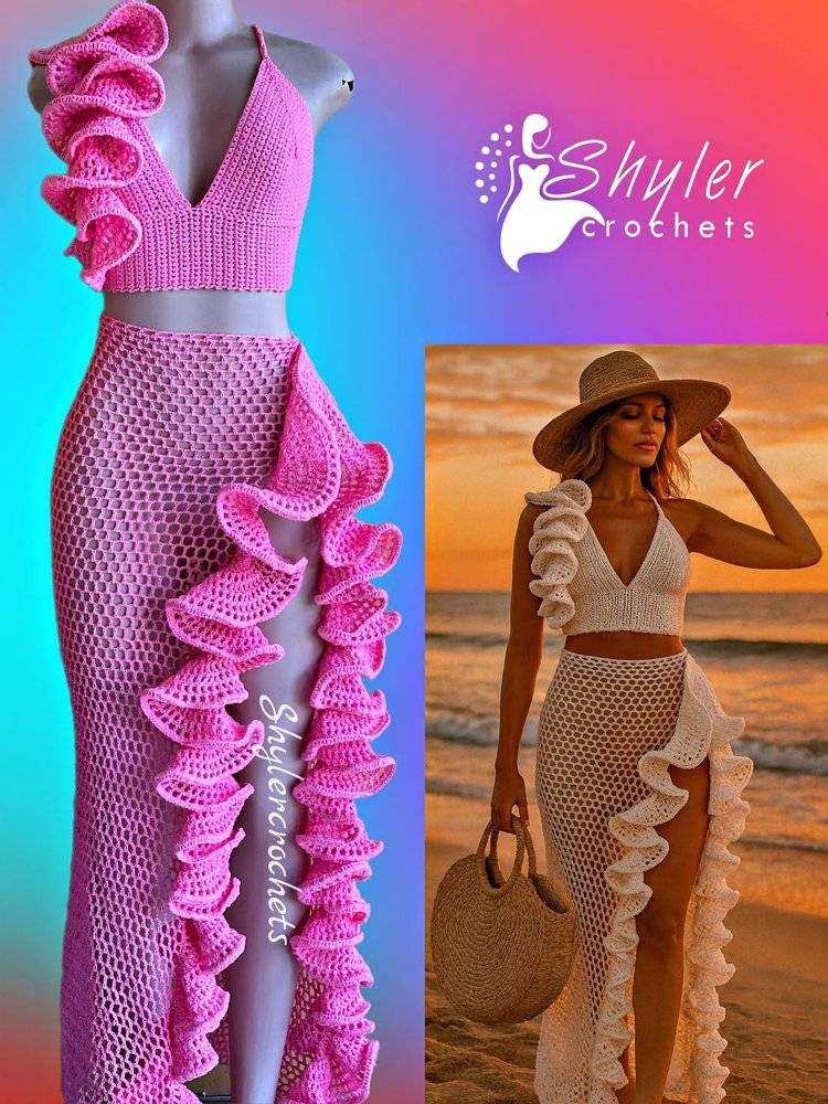 Ruffled Halter Crop Top and Crochet Skirt Set