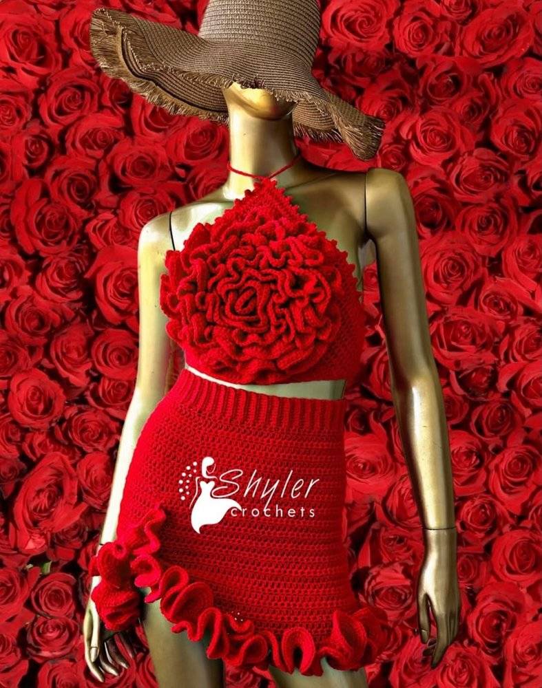 Ruffled Red Crochet Halter Top and Mini Skirt Set