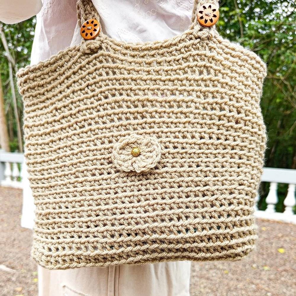 Rustic Jute Crochet Tote Bag with Button Detail