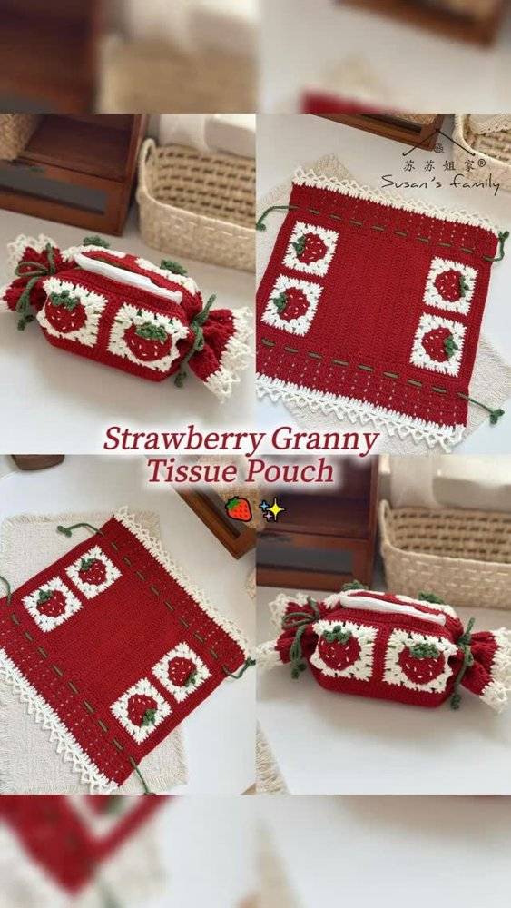 Strawberry Granny Square Crochet Tissue Pouch