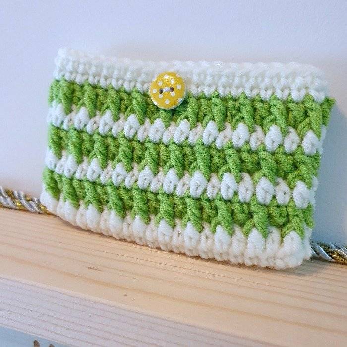 Striped Crochet Card Holder with Button Detail