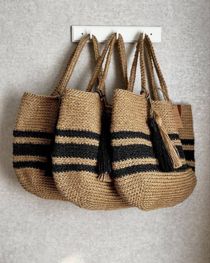 Striped Crochet Jute Tote Bag with Tassel Detail