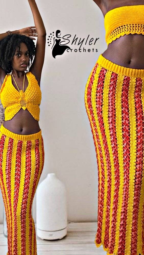 Striped Crochet Maxi Skirt with Matching Crop Top