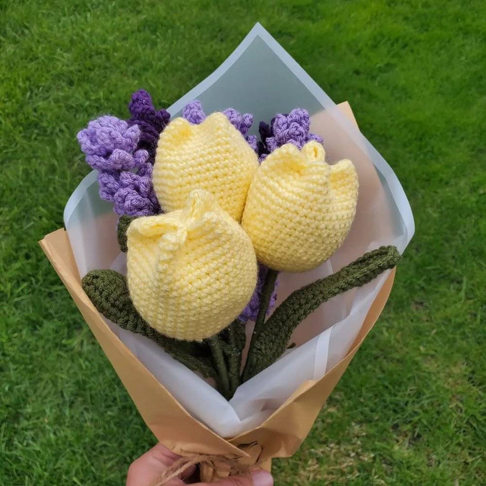 Sunny Yellow Crochet Tulips with Lavender Accents