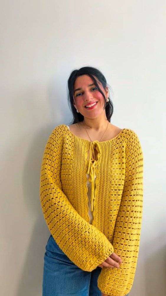 Sunny Yellow Tie-Front Crochet Cardigan