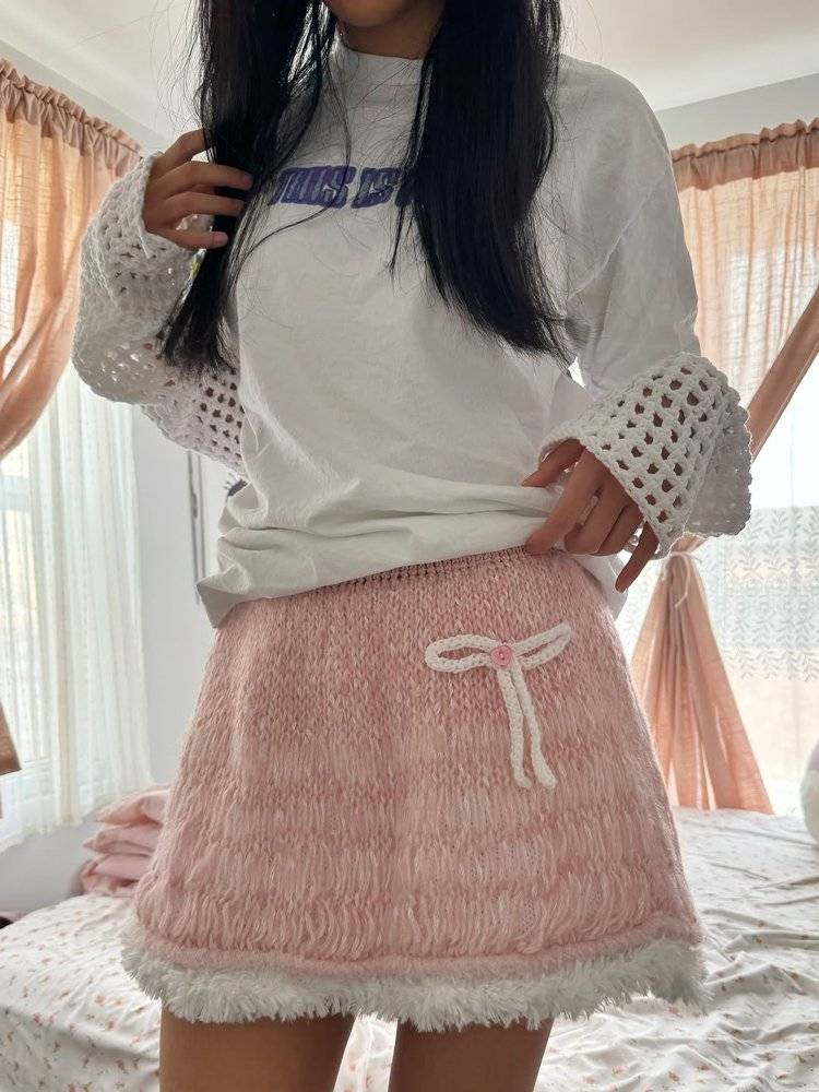 Sweet Pink Crochet A-Line Skirt with Bow Accent