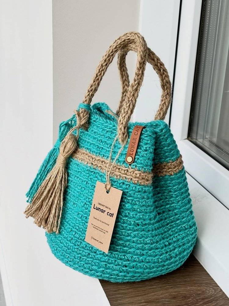 Teal Jute Crochet Bucket Bag with Braided Straps
