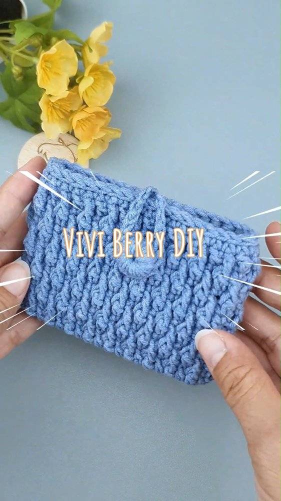 Textured Blue Crochet Card Holder with Tie Closure