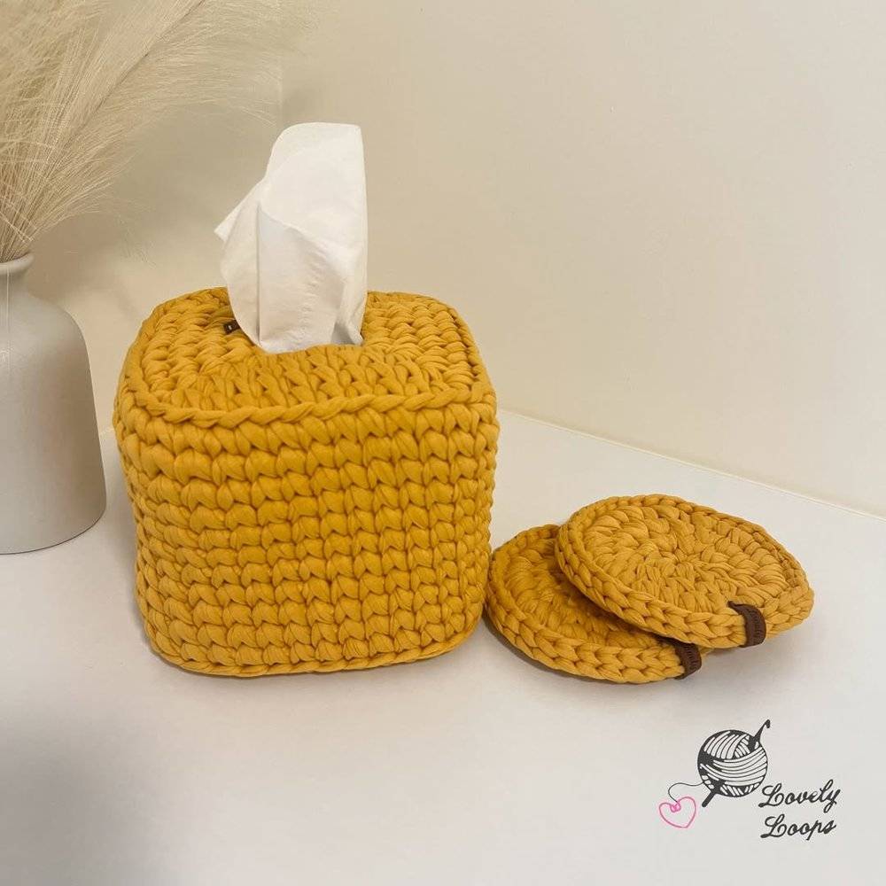 Textured Crochet Tissue Box Cover with Coasters