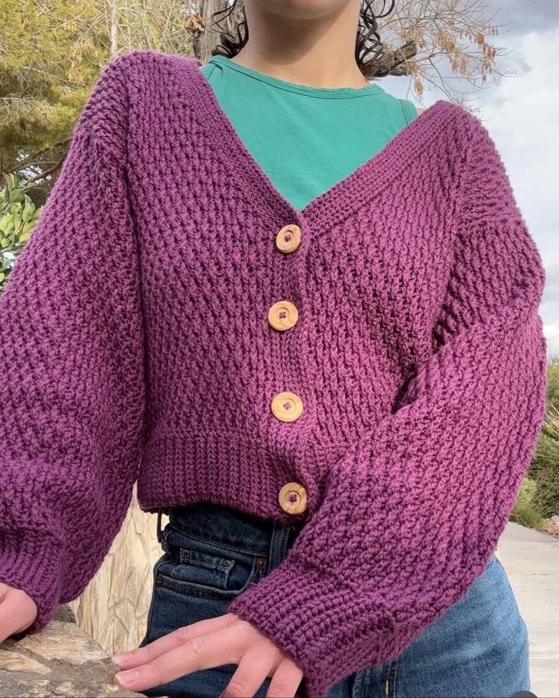 V-Neck Button-Up Crochet Cardigan with Textured Stitch