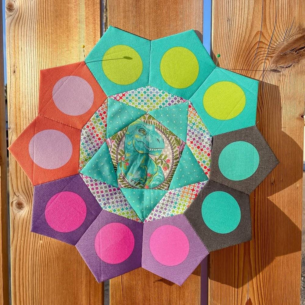 Vibrant English Paper Piecing Dinosaur Block