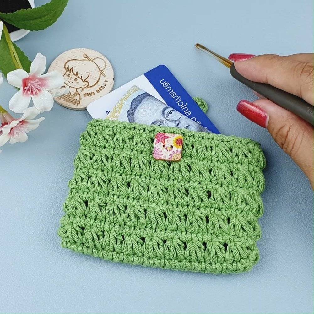 Vibrant Green Crochet Card Holder with Floral Button