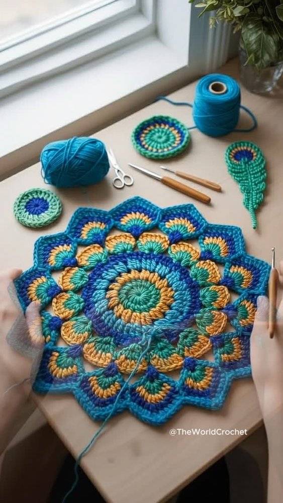 Vibrant Peacock-Inspired Crochet Mandala