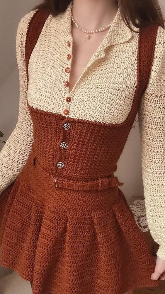 Vintage-Inspired Crochet Dress with Pleated Skirt