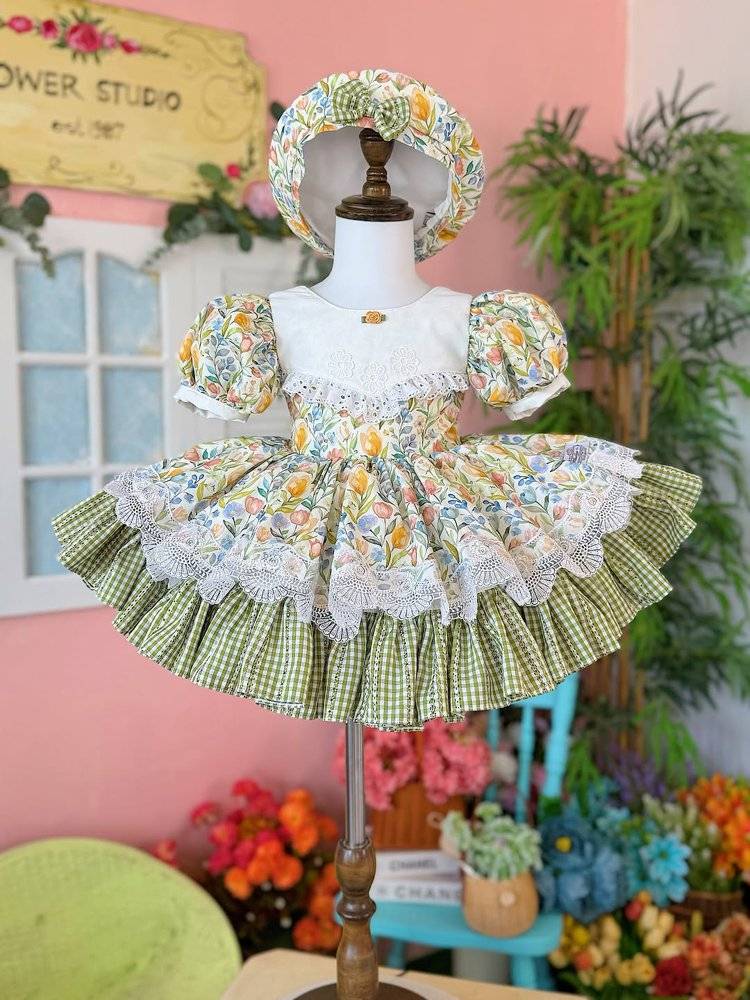 Vintage-Inspired Floral Crochet Doll Dress with Matching Bonnet