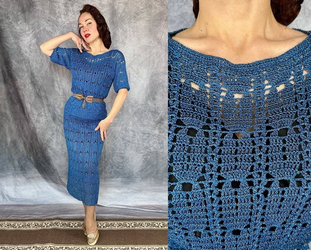 Vintage Blue Crochet Two-Piece Dress