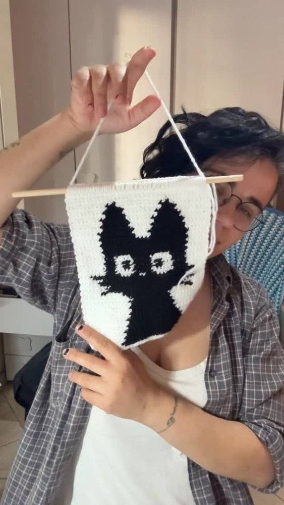 Whimsical Black Cat Crochet Wall Hanging