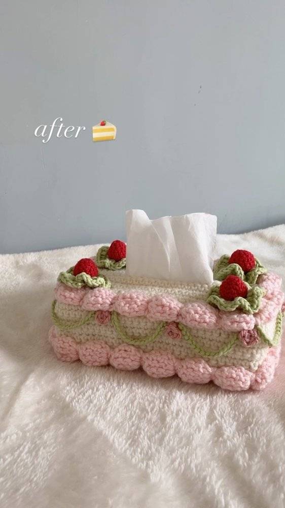 Whimsical Crochet Tissue Box Cover with Strawberry Accents