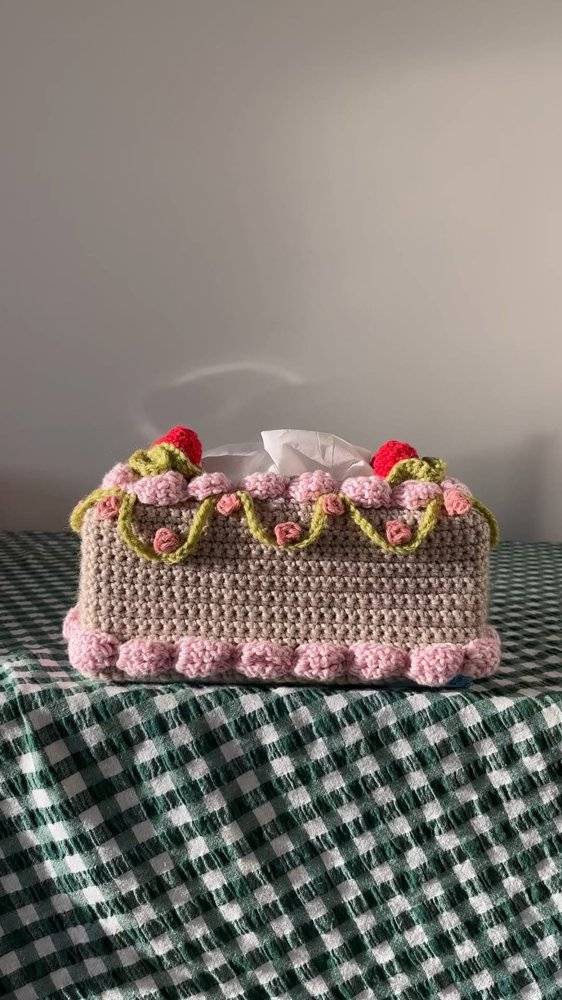 Whimsical Crochet Tissue Box Cover with Strawberry and Flower Accents