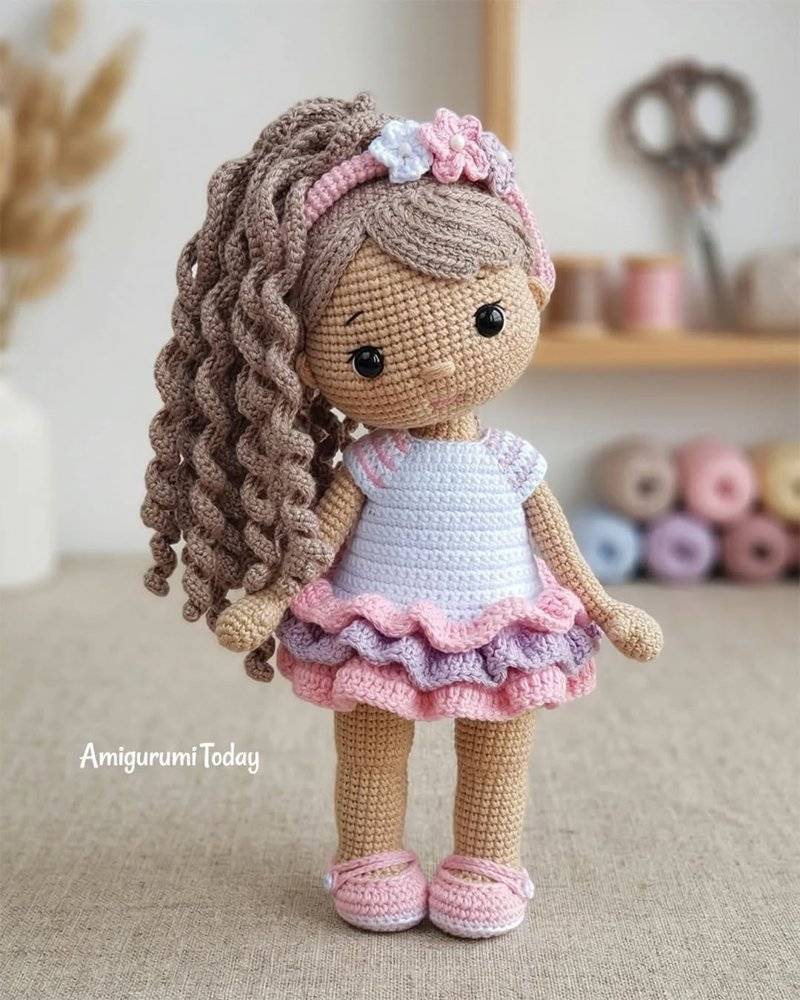 Whimsical Ruffled Crochet Doll Dress with Floral Accents
