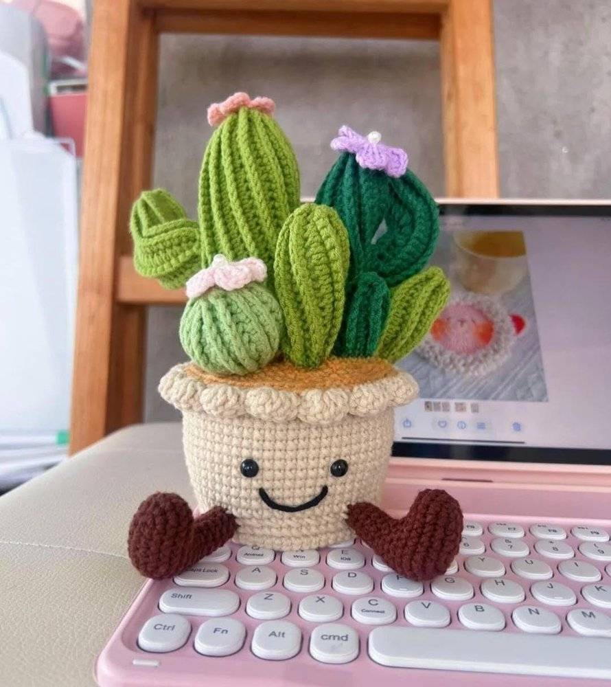 Amigurumi Crochet Cactus with Cute Face and Heart Arms