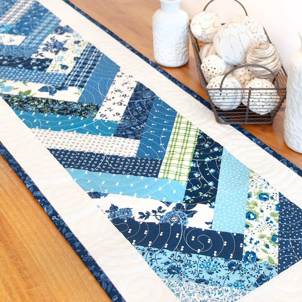 Blue and White Patchwork Log Cabin Table Runner