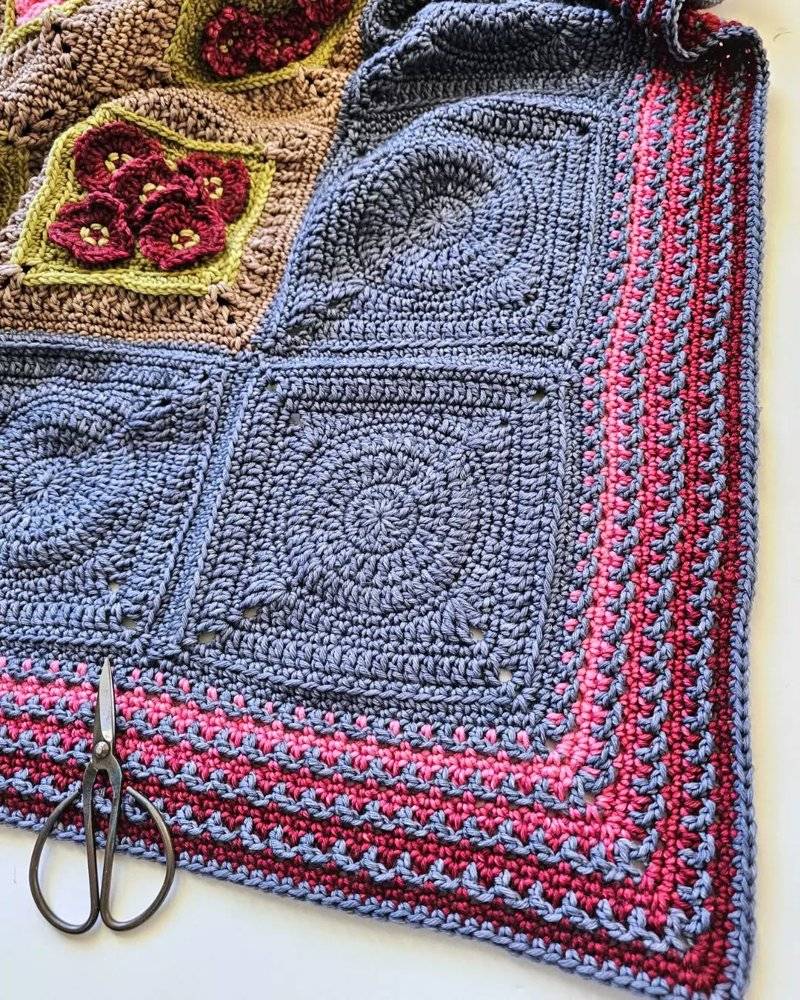 Boho Crochet Granny Square Blanket with Textured Border