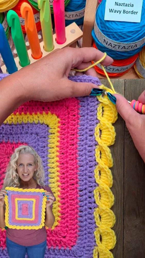 Bright Crochet Granny Square with Wavy Border