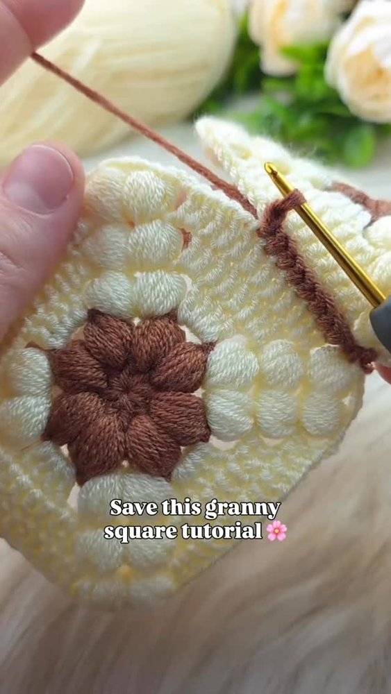 Brown and Cream Crochet Flower Granny Square Project