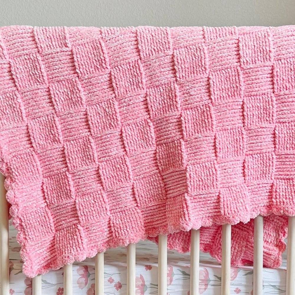 Chunky Pink Basket Weave Crochet Baby Blanket