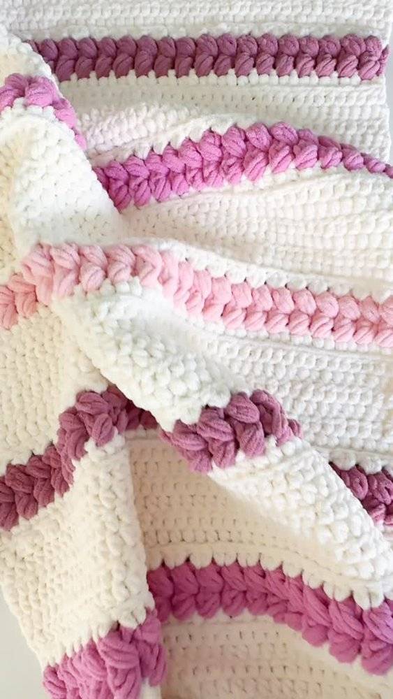 Chunky Velvet Crochet Blanket with Puff Stitch Stripes