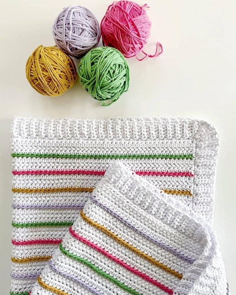Chunky White Crochet Blanket with Colorful Stripes